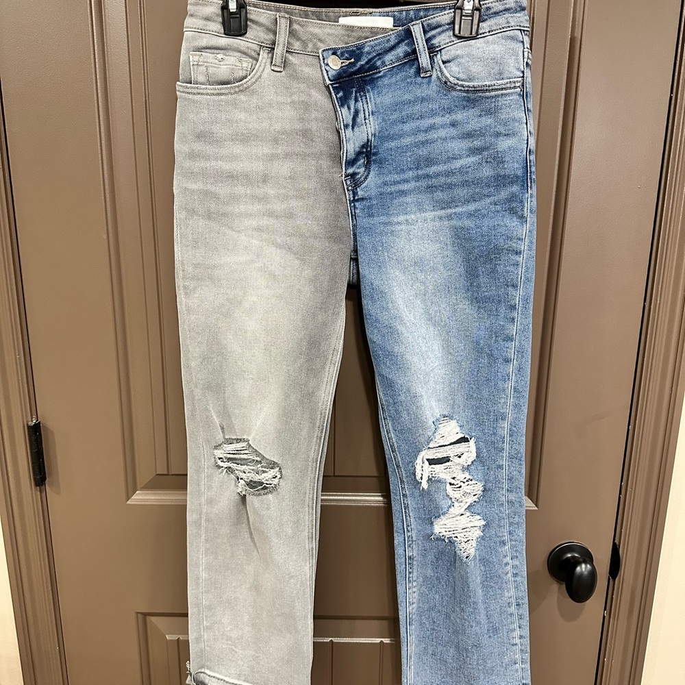 Bliss Two-Tone Straight Leg Jeans - Gray and Blue